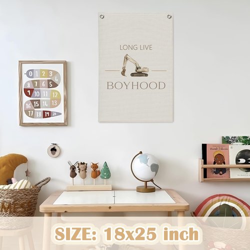 Dilemat Long Live Boyhood Canvas Banner Wall Hanging, Construction Decor for Boys Room,Kids Playroom Wall Decor Hanging Banner Flag for Boys Toddler Nursery Bedroom Playroom, 18X25 Inch