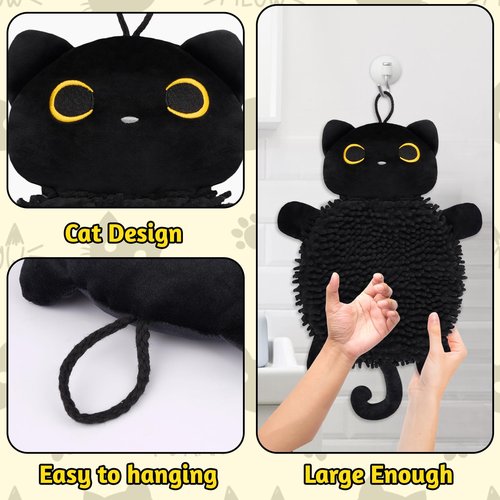 JEROKUMI Cat Hand Towel - Kitchen Towels with Hanging Loops Super Absorbent Chenille Hand Face Bath Towel, Funny Towel Kitchen & Bathroom Decor, Perfect Cat Gift for Women (8x18 Inch)