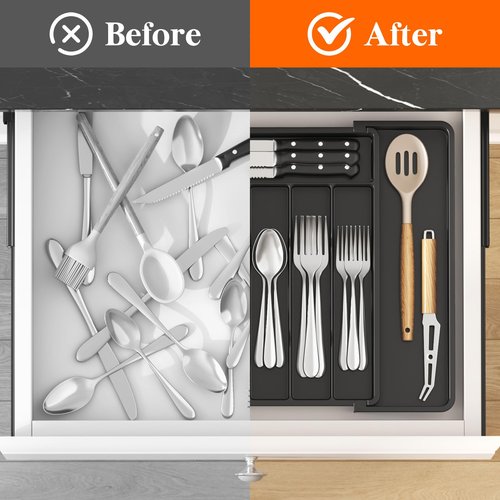 Lifewit Silverware Drawer Organizer, Expandable Utensil Tray for Kitchen, BPA Free Flatware and Cutlery Holder, Adjustable Plastic Storage for Spoons Forks Knives, 11-18 x 14", Black