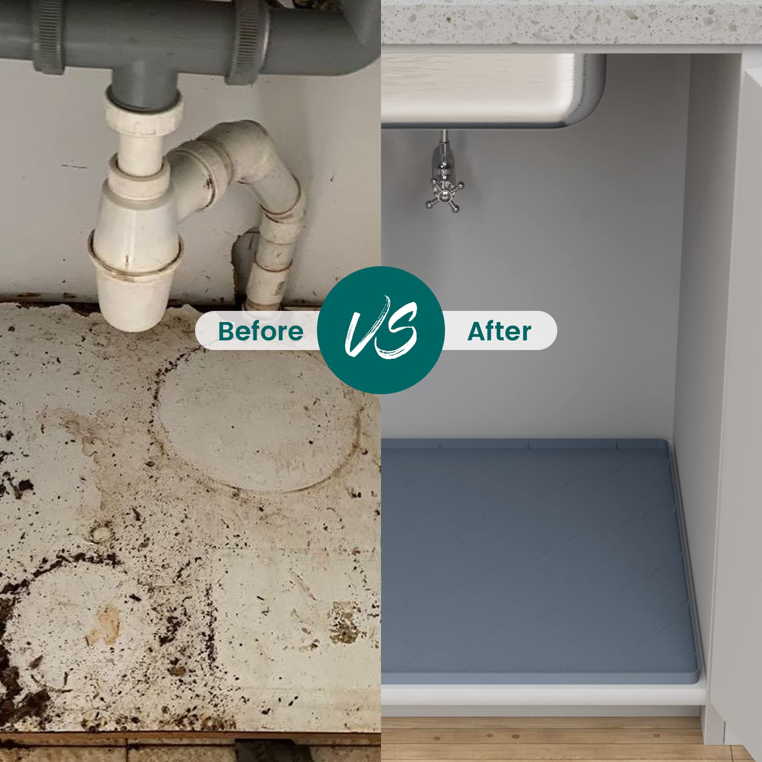 Under Sink Mat, 31" x 22" Silicone Kitchen Cabinet Tray, Waterproof & Flexible Under Sink Liner for Kitchen Bathroom and Laundry Room(Gray)