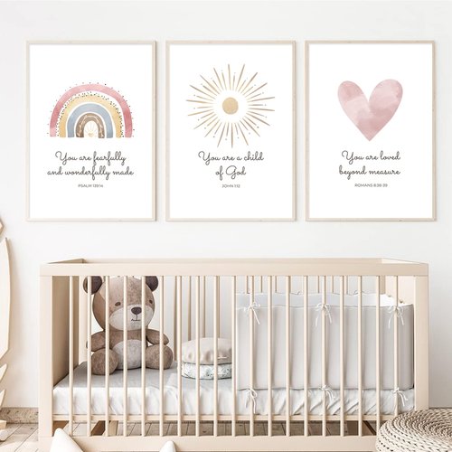 Boho Nursery Wall Art 3 Pieces Bible Verse Nursery Art Christian Girls Nursery Wall Art Heart Rainbow Sun Nursery Art Print Boho Sunshine Decor for Girl Baby Kid Room Decor 12x16 Inch Unframed