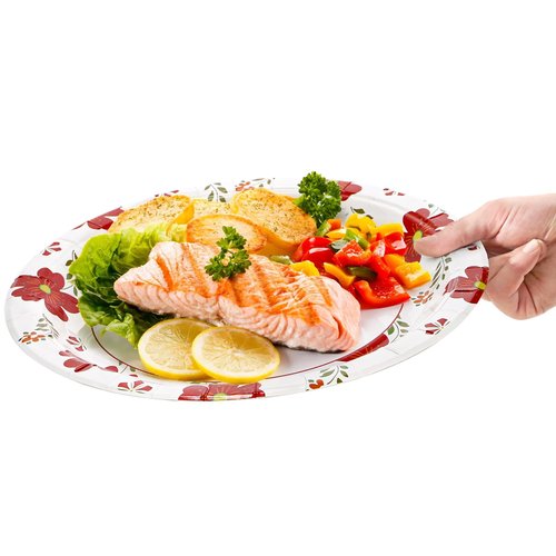 Hiceeden 9 Inch Disposable Paper Plates, 200 Count Heavy Duty Dinner Paper Plates, Holiday Plate with Red Flower Pattern for Daily Use, Soak Proof, Cut Proof, Microwavable