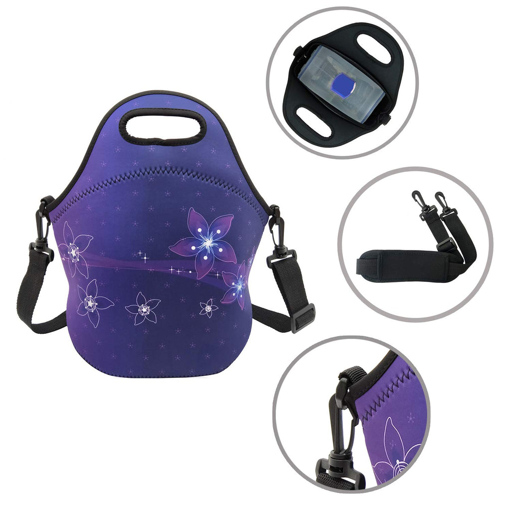Neoprene Lunch Bags Boxes for Women Men, Insulated Lunch Cooler Tote Bag Box for Office Work Picnic Travel (Purple Flower)