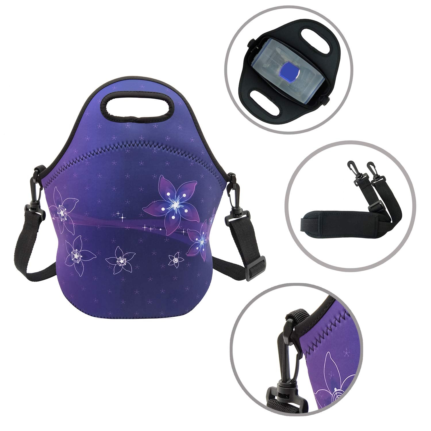 Neoprene Lunch Bags Boxes for Women Men, Insulated Lunch Cooler Tote Bag Box for Office Work Picnic Travel (Purple Flower)