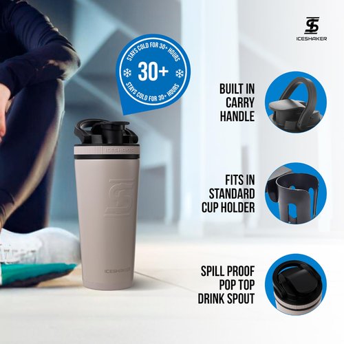 Ice Shaker Insulated Stainless Steel Shaker Bottle | 26oz, Java | Cold for 30+ Hours | Insulated Cup with Twist-on Agitator | Odor-Free Bottle for Protein Shakes, Water, Smoothies, Cocktails