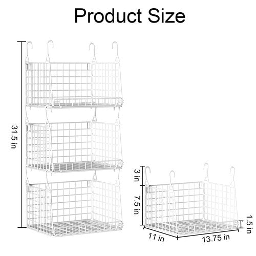 PUPPYCUTE 3-Pack Laundry Room Organization and Storage, Hanging Wire Basket for Laundry with 360°Rotating Hooks, Over Washer and Dryer Shelves, Laundry Organizers and Storage Basket, white