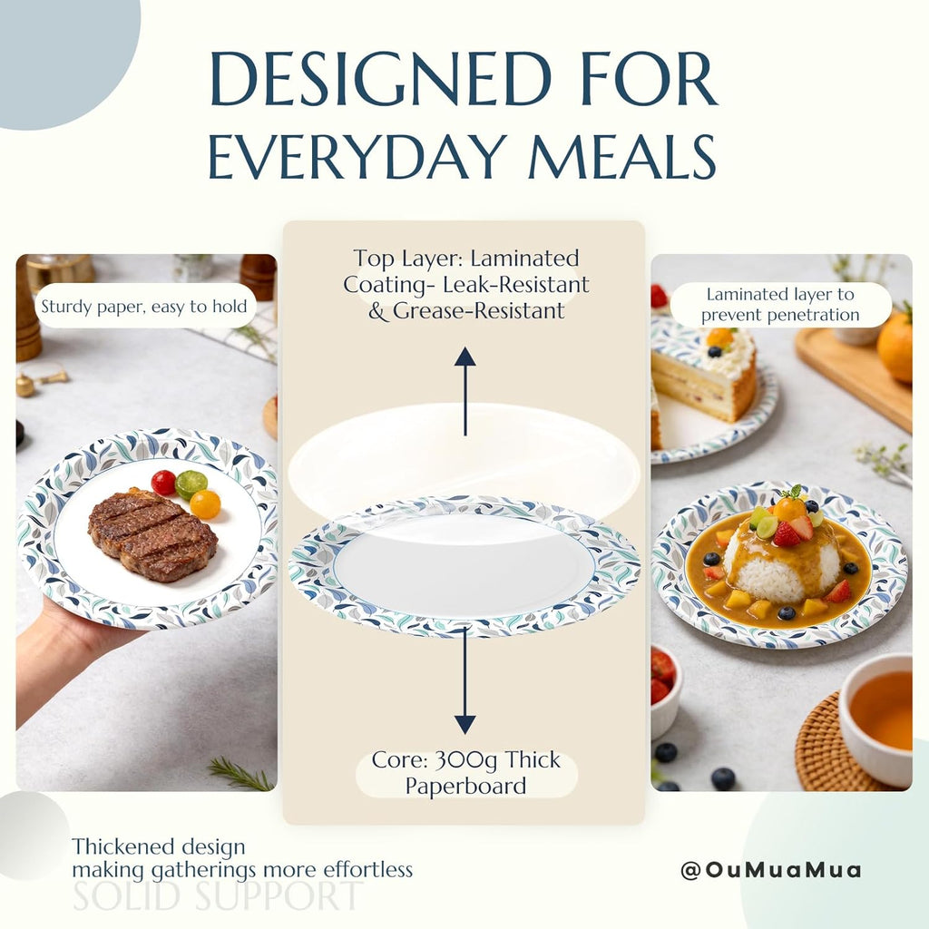 OuMuaMua 8.5 Inch Disposable Paper Plates - 300 Count, Soak Proof & Microwave Safe for Everyday Use
