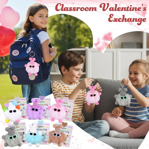 Fopxuni Valentines Day Cards and Gifts for Kids School 24 Pack Cartoon Plush Keychain Set Classroom Exchange for Students with Stuffed Toys