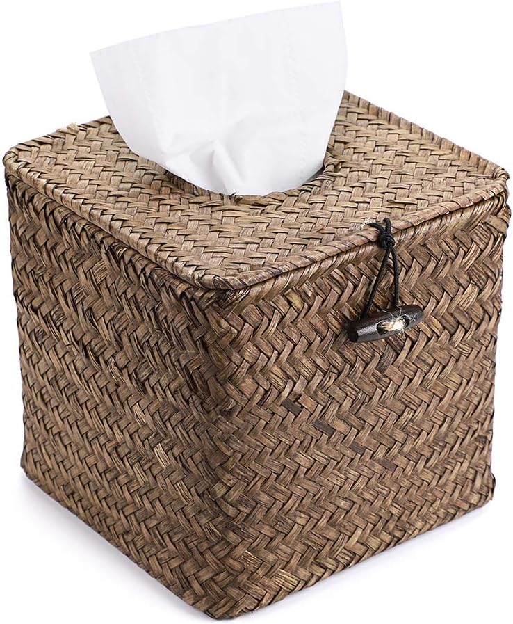 Sumnacon Seagrass Tissue Box Cover - Rustic Woven Design for Bathroom, Bedroom, Office | Coffee Color