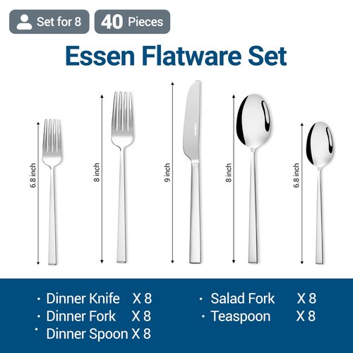 Stahlsmith Essen Flatware Set for 8, 40-Piece 18/10 Stainless Steel Silverware Set, Modern Cutlery Set with Mirror Finish, Dishwasher Safe Kitchen Utensil Set, Mother’s Day Gift