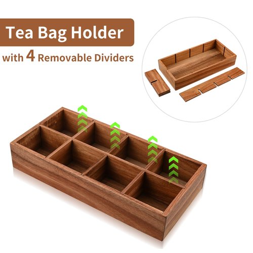 Acacia Wood Tea Bag Organizer with 8 Slots – Tea Bag Holder and Tea Organizer, Sugar Packet Storage for Countertops