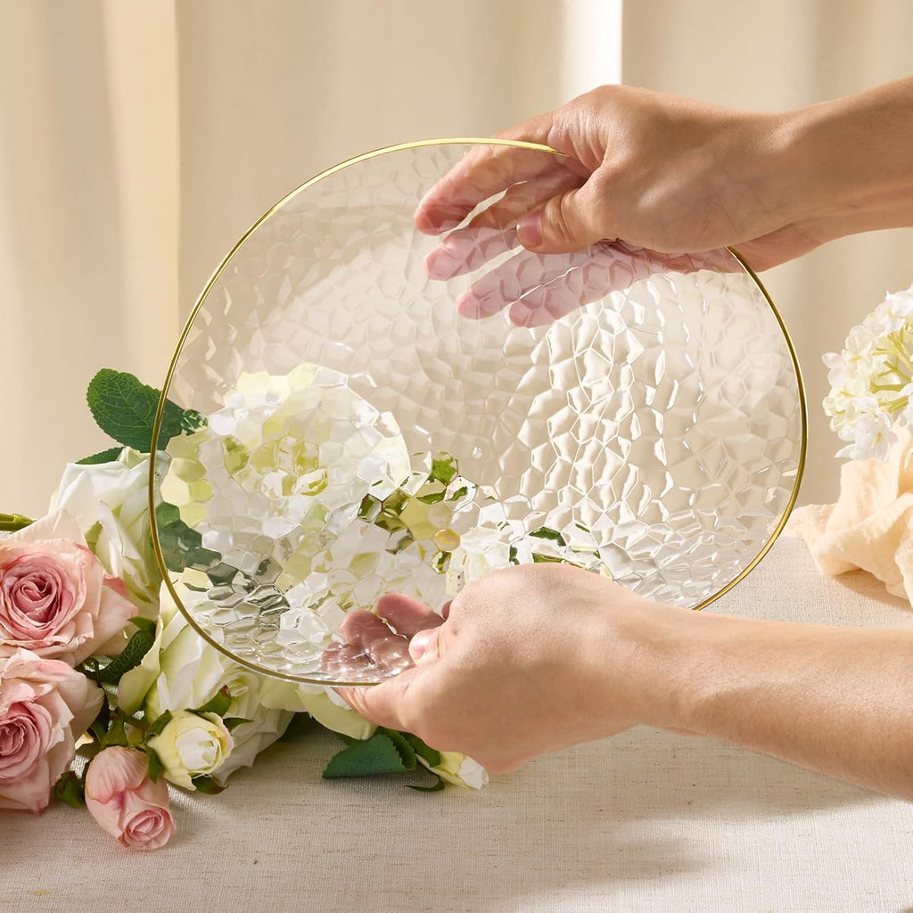 Regine Switzerland Crystal Clear Plastic Plates - Elegant Gold Rim Disposable Dinnerware Set | 50 Pcs (25 Dinner & 25 Salad Plates) for Weddings & Parties