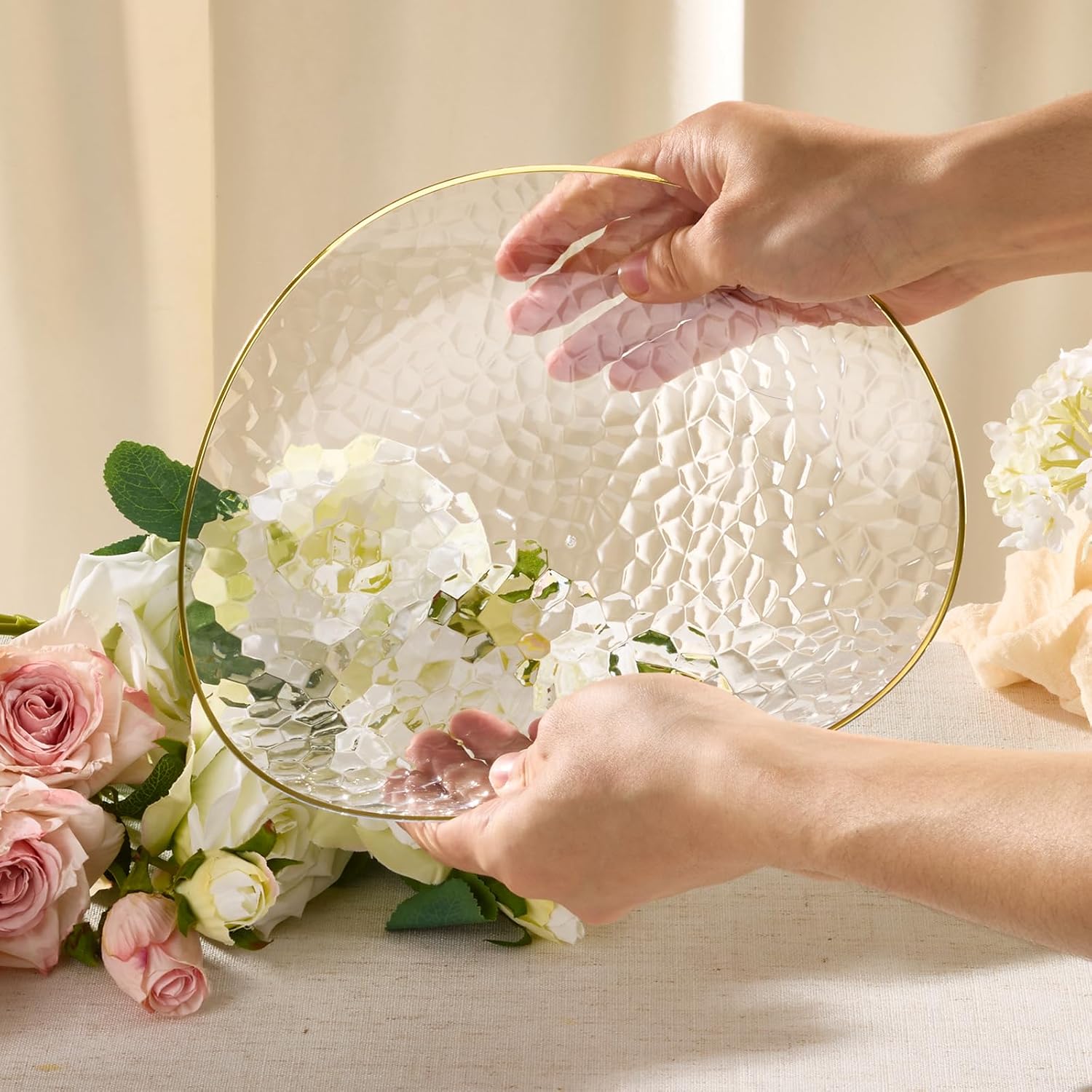 Regine Switzerland Crystal Clear Plastic Plates - Elegant Gold Rim Disposable Dinnerware Set | 50 Pcs (25 Dinner & 25 Salad Plates) for Weddings & Parties