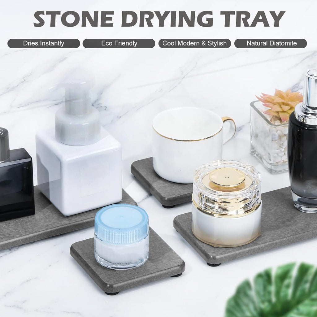 Skiennix Water Absorbing Stone Tray - Fast Drying Diatomite Coaster for Kitchen & Bathroom Sinks | 4PCS Set