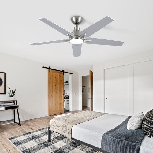 putroad 52 Inch Ceiling Fans with Lights: Brushed Nickel Ceiling Fan with Light and Remote for Bedroom Living Room Dining room Patio, 3CCT Dimmable 6 Speeds Reversible Quiet DC Motor