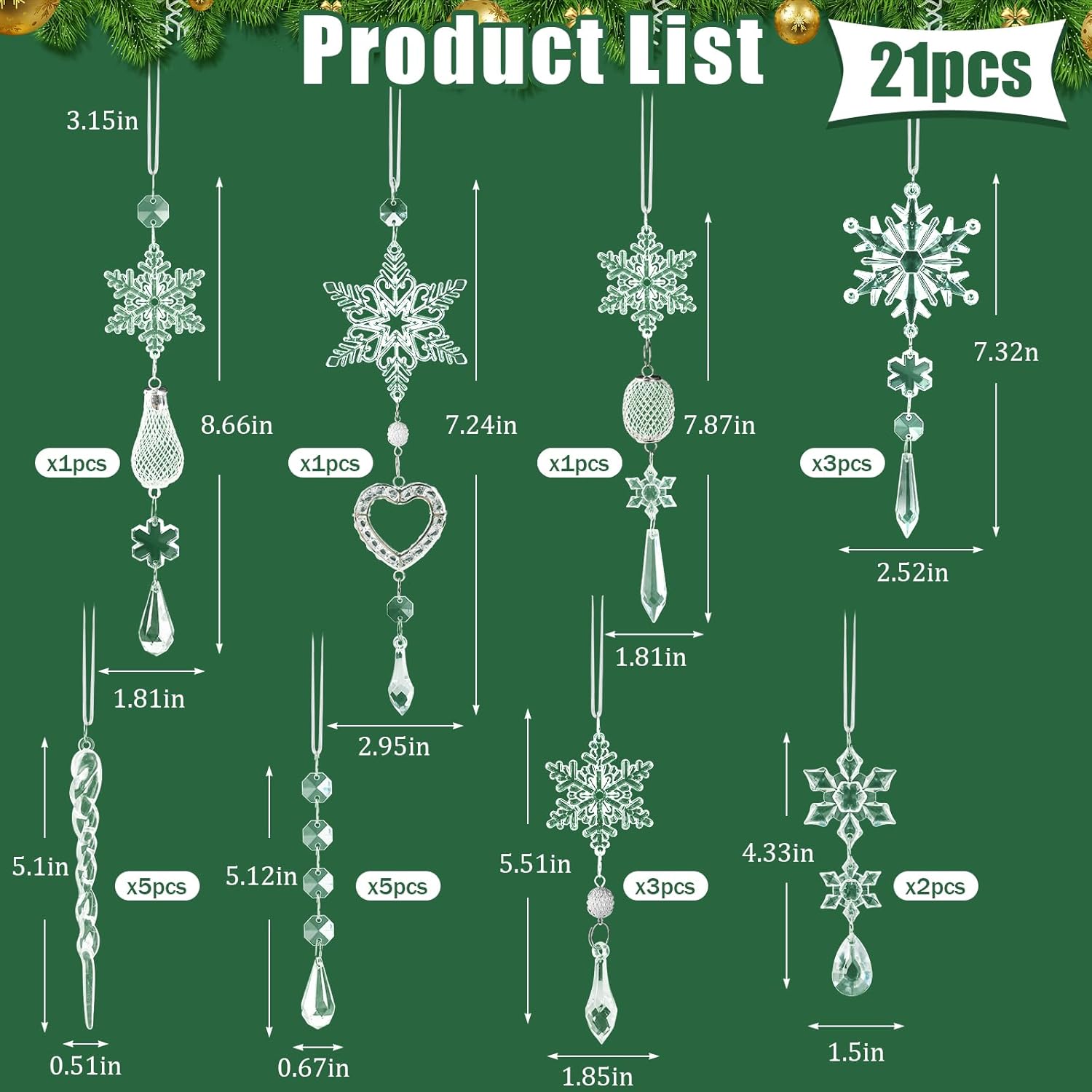 Skiennix Crystal Ornaments - 21pcs Sparkling Snowflake Christmas Tree Decorations | Holiday Home Decor