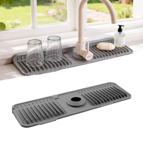 ZJWZLG Faucet Mat for Kitchen Sink, 17.7"X5.5" Silicone Sink Splash Guard with Soap Holder, Snap-On Design & 7°slope Fast Drain, Folding Sink Faucet Mat for Universal Kitchen Bathroom Sink（Grey）