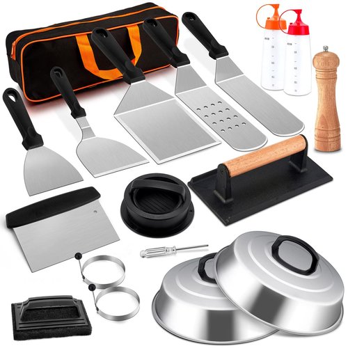 Griddle Accessories Kit, Joyfair 18Pcs Flat Top Grill Accessories for Blackstone, Stainless Steel Hibachi Griddle Tool Set with Spatula, Basting Cover Burger Press for Outdoor BBQ (PP Plastic Handles)