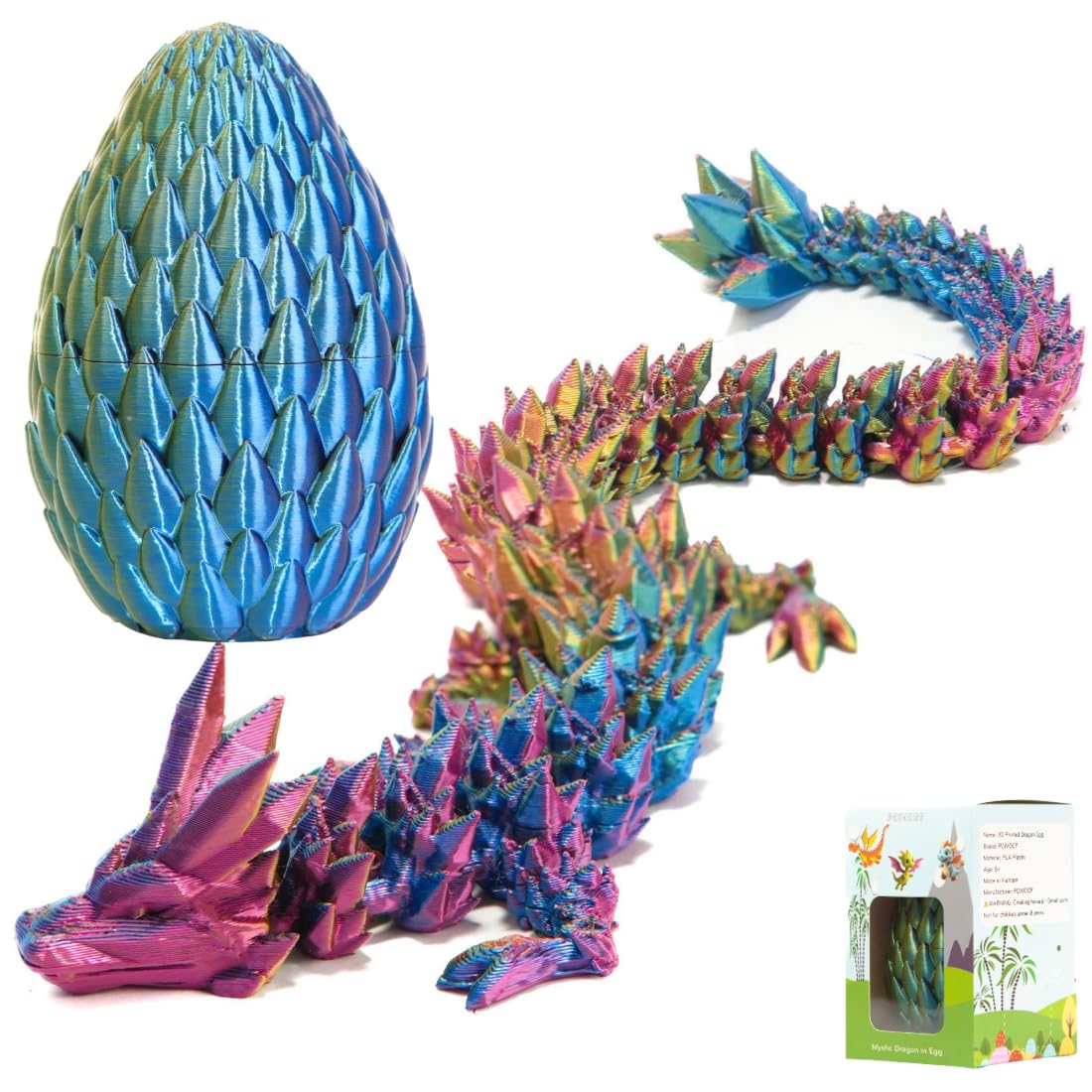 POIVOCF 3D Printed 12” Articulated Crystal Dragon Inside 5.1” Egg – Fantasy Collectible, Fidget Toy & Stocking Easter Basket Stuffers for Home & Office Decor (Multicolor).