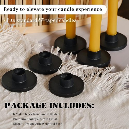 Black Iron Mini Taper Candle Holders - Elegant Set of 6 for 1/2 Inch Chime & Spell Candles