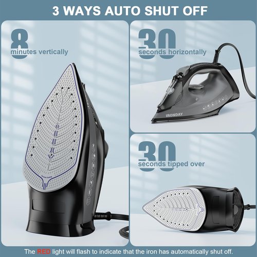 IRONDAY Steam Iron for Clothes, 1800W Cloth Iron with Ceramic Soleplate, Auto-Off, 20s Fast Heat-up,Burst of Steam, Self-Cleaning, 20.28oz Water Tank for Home Ironing