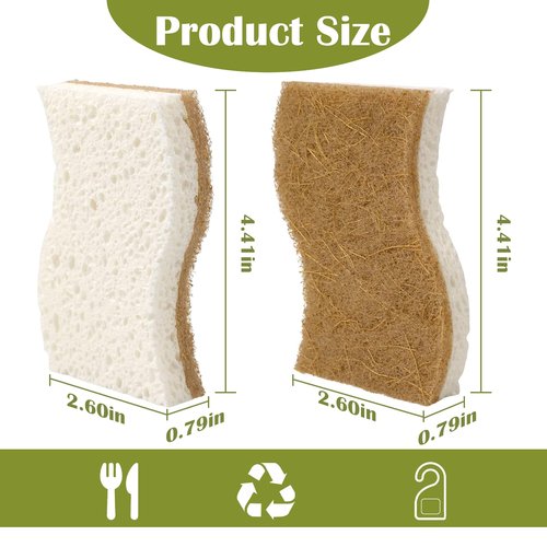 DEBETOOL 14Pack Natural Kitchen Sponge, Eco-Friendly Dish Sponge for Kitchen - Biodegradable Cellulose and Coconut Scrubber - Household Cleaning Sponge for Dishes, White
