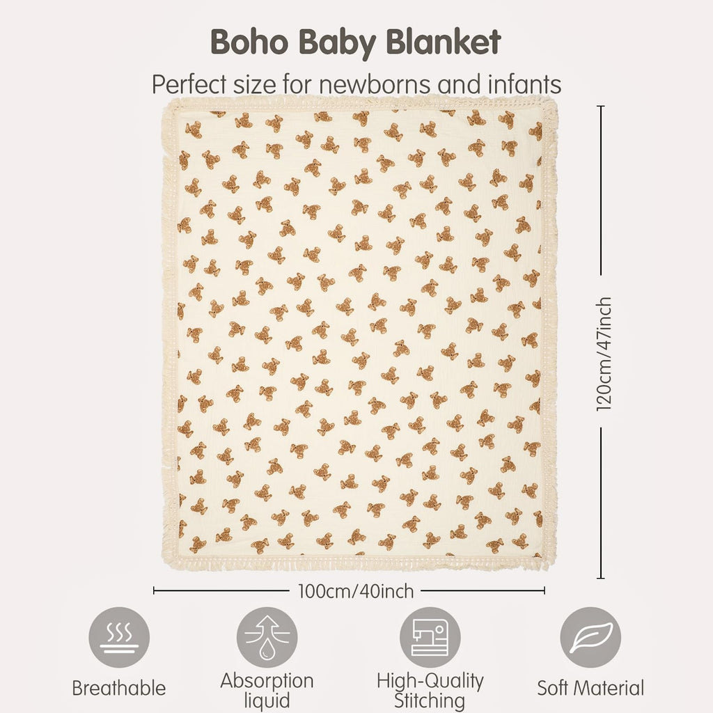 insular Cotton Muslin Baby Blanket with Tassel, Boho Bohemian Muslin Swaddle Blanket Baby Receiving Blanket with Fringe, Nursery Decor Throw or Nursing Blankets, 47" x40”, Little Bear