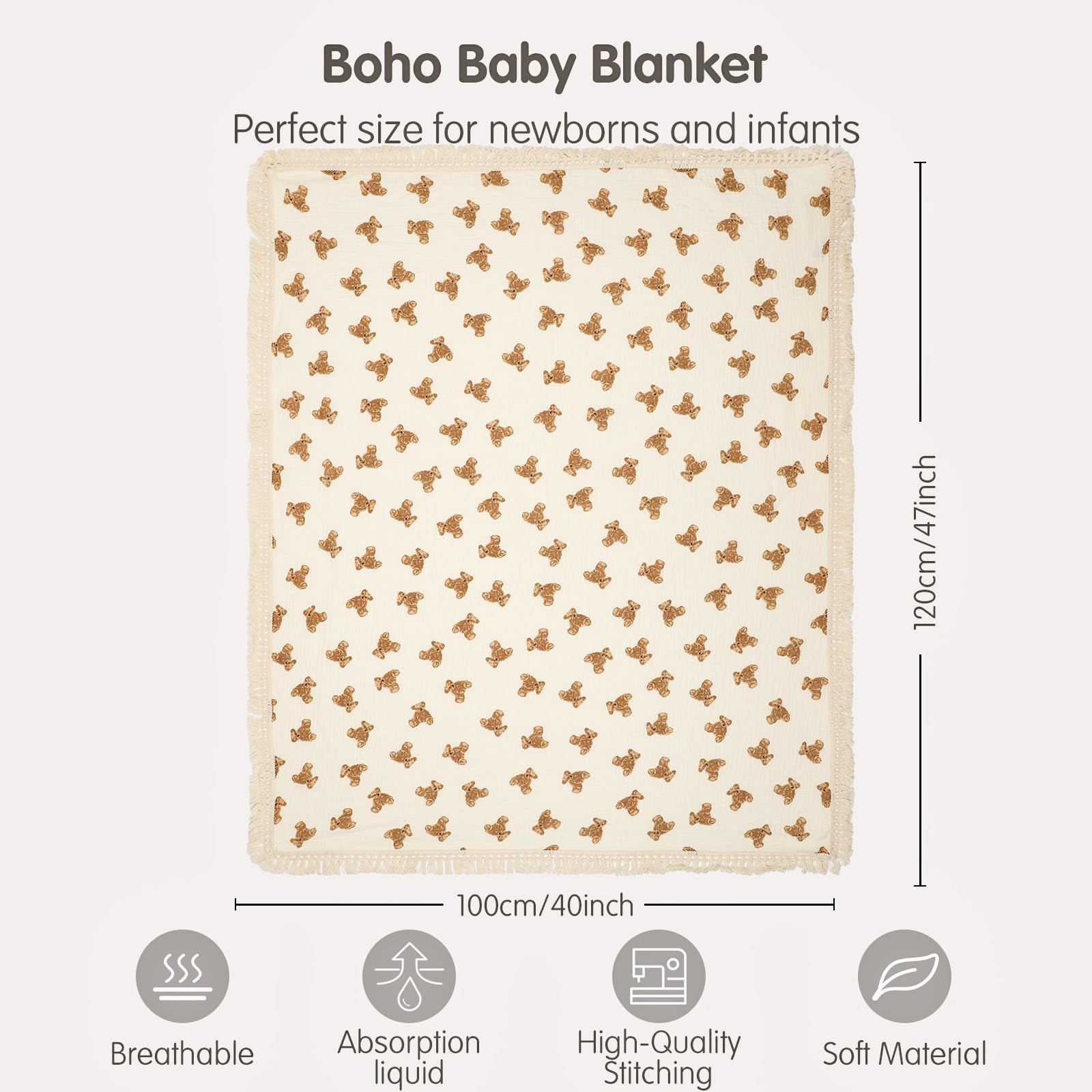 insular Cotton Muslin Baby Blanket with Tassel, Boho Bohemian Muslin Swaddle Blanket Baby Receiving Blanket with Fringe, Nursery Decor Throw or Nursing Blankets, 47" x40”, Little Bear