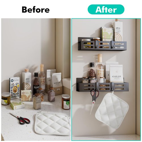 SETBAOO 4 Pack Magnetic Spice Rack for Refrigerator with 4-Hook Rack and Paper Towel Holder, Black Magnetic Shelf and Fridge Kitchen Cabinet Organizers Storage Seasoning Organization Mini Shelves.