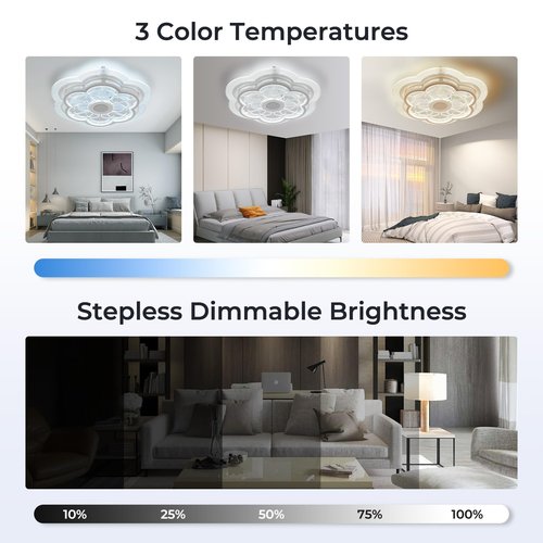 Ceiling Fan with Lights Remote Control, Enclosed flower light fan, with Bluetooth Speaker 3 Colors Dimmable 6 Speeds, Flush Mount Bladeless Petal Chandelier APP Control 19.6 In for Bedroom, Indoor