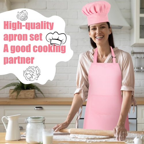 SATINIOR 2 Pcs Chef Costume for Women Men Chef Hat Apron Set for Adult Baker Apron Hat for Cooking Cosplay(Pink)