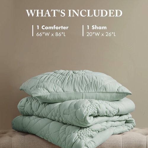 Madison Park Floral Jersey Comforter Set, Puffy Cloud Twin Size Comforters Crinkled Farmhouse Rustic Shabby Chic Bedding Set, Ultra-Soft All Season Down Alternative, Sage Green 2-Piece