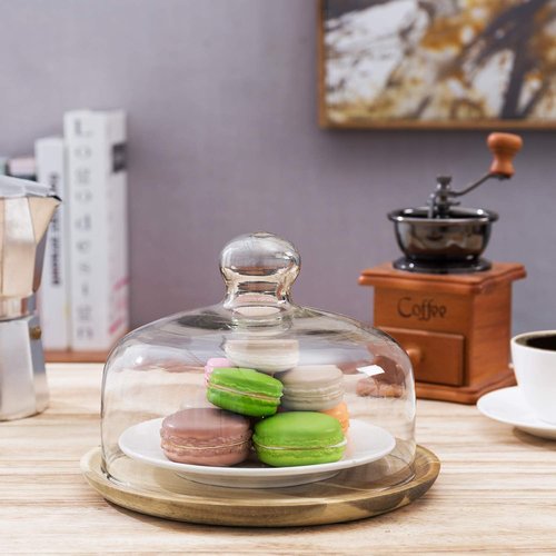 MyGift Cloche Dome Glass Dessert Serving Tray - 7.5 Inch Cake Stand with Acacia Wood Base for Parties & Weddings