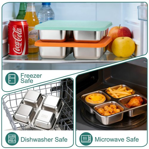 SUMERX 2 Pack Snack Box Containers Set, Stainless Steel 4 Compartment Lunchable Container, Reusable Food Storage Containers with Lids for Travel, Outdoor, Camping, Work(Orange/Blue)