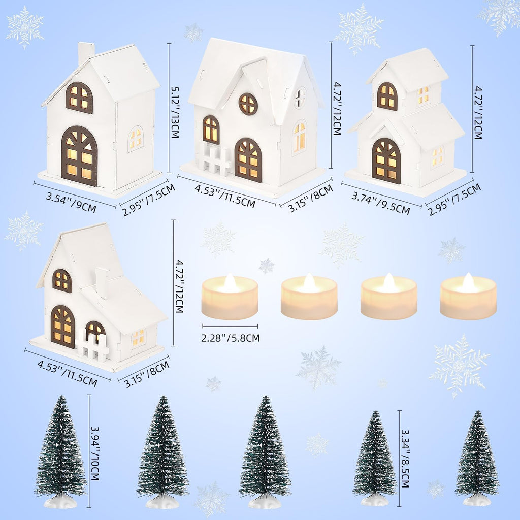 Ovootok Christmas Sculpture Set - 9-Piece Wood & Plastic Decor with 4 LED Lighted Houses & 5 Frosted Trees