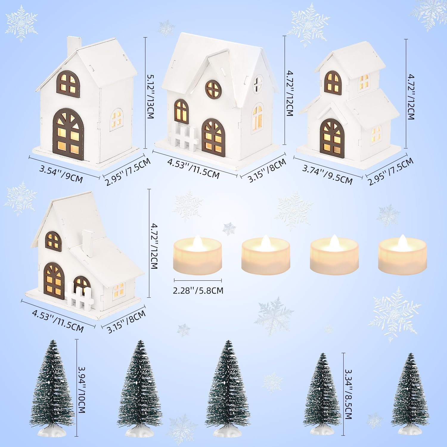 Ovootok Christmas Sculpture Set - 9-Piece Wood & Plastic Decor with 4 LED Lighted Houses & 5 Frosted Trees