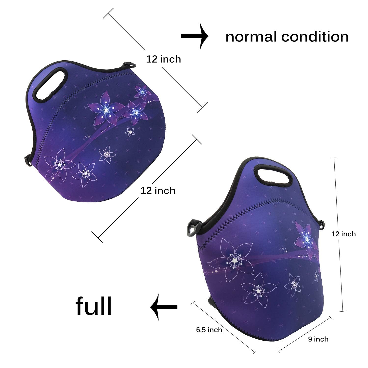 Neoprene Lunch Bags Boxes for Women Men, Insulated Lunch Cooler Tote Bag Box for Office Work Picnic Travel (Purple Flower)