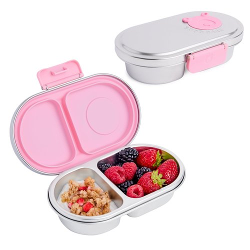 Good Bare Stainless Steel Snack Container for Kids – 2 Compartment Metal Bento Box, Leakproof, Non-Toxic, Easy-Open Latch, Dishwasher Safe, Small Snack Pack, Perfect for On-the-Go (Sweet Pink)