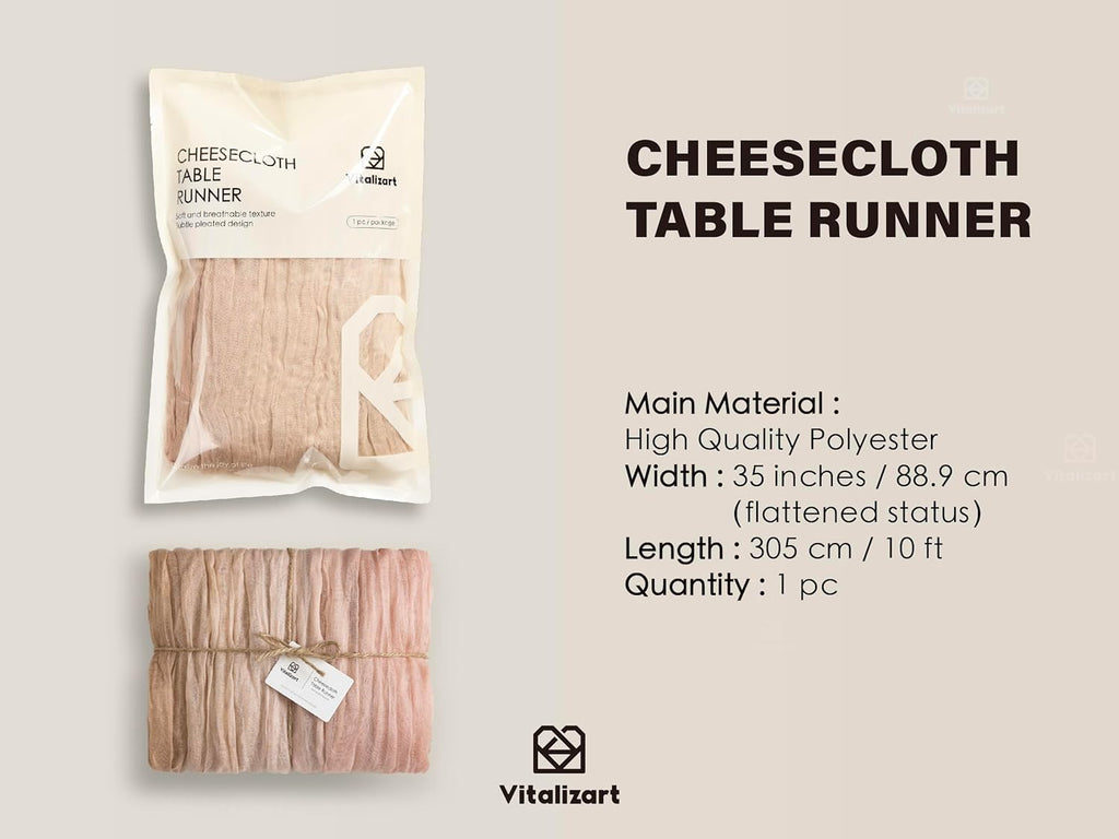 Vitalizart Cheesecloth Table Runner - 10ft Rustic Boho Decor in Light Nude White for Weddings & Events