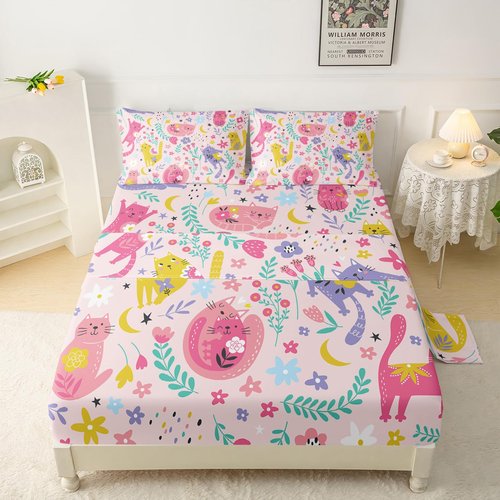 QOOMO Floral Cats Sheet Set,Kawaii Cats Kids Bed Sheets,Pink Floral 16" Deep Pocket Bed Sheet Set for Boys/Girls/Kids/Teens，4 Piece Sheet Set, 1 Fitted Sheet,1 Flat Sheet and 2 Pillowcases，Twin Size