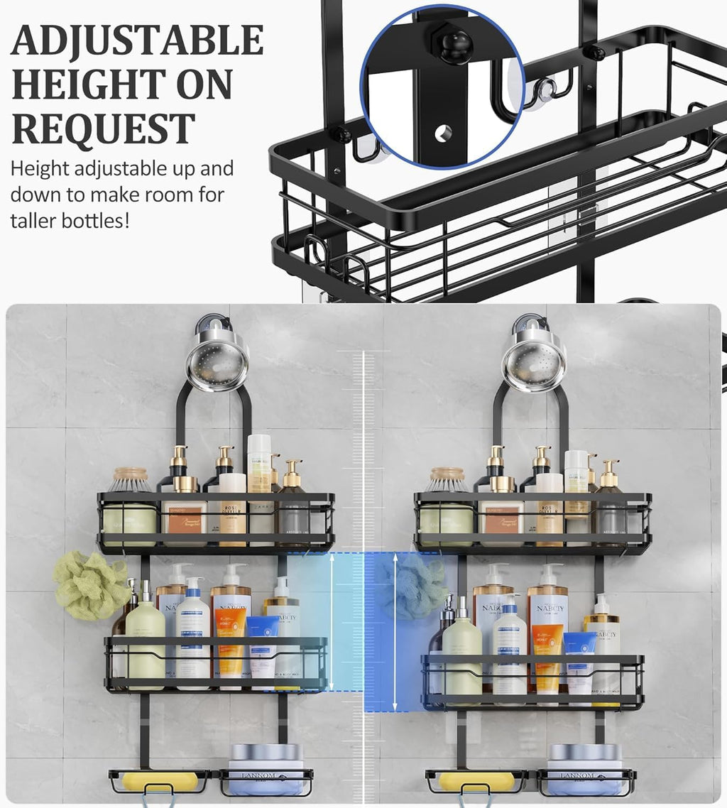 OMAIRA Shower Caddy - Rustproof Overhead Organizer with Soap Holder | Non-Slip Stainless Steel, Black