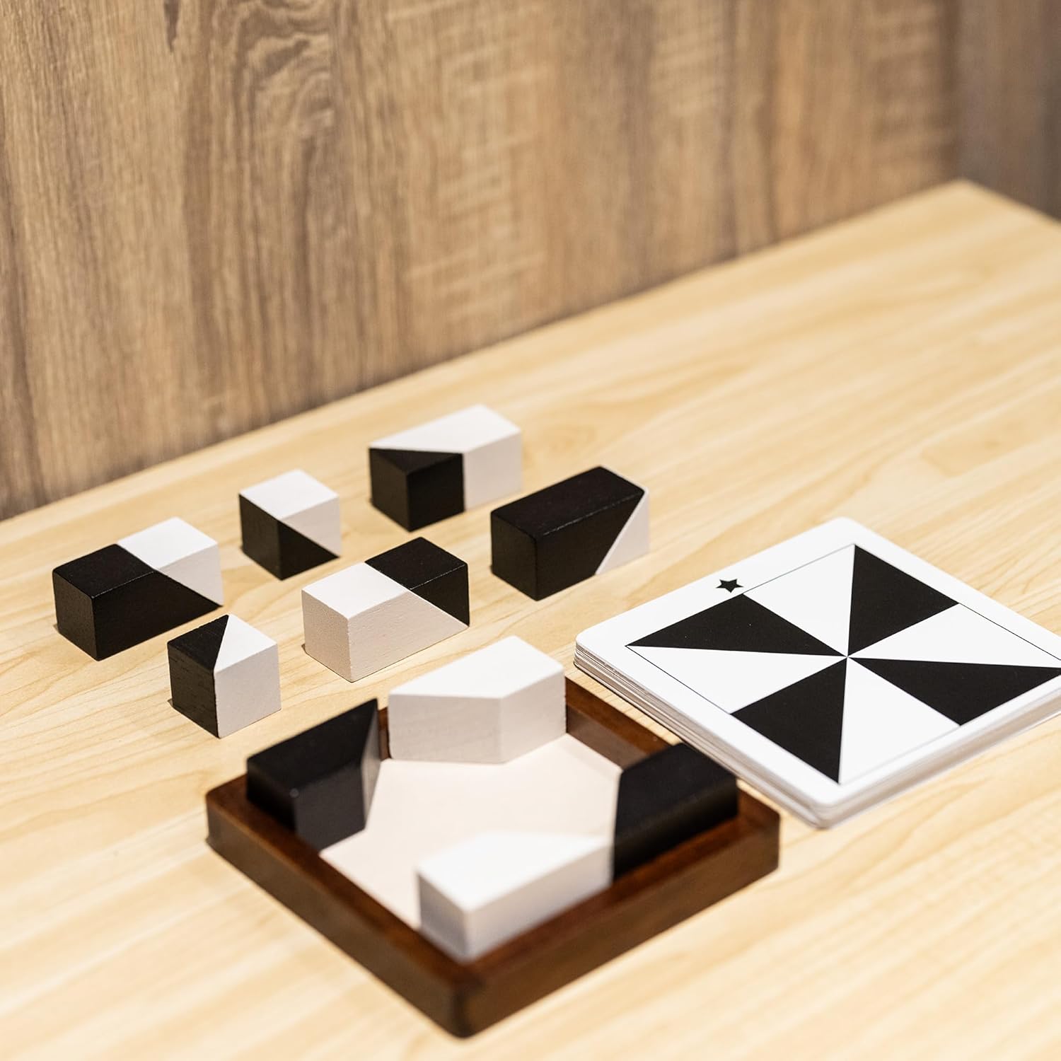 Wooden Hidden Blocks Puzzle Game - 80 Brain Challenges with Solid Wood Box | Deluxe Black & White Pieces