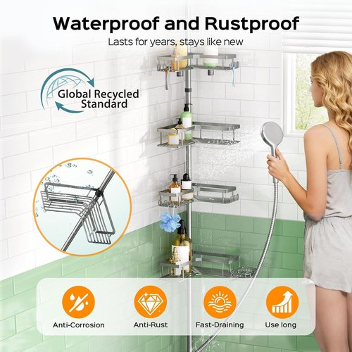 HAMITOR Shower Caddy Tension Pole - 4-Tier Rustproof Bathroom Organizer | No-Drill Adjustable Shelf - 47-123 Inch Silver Gray