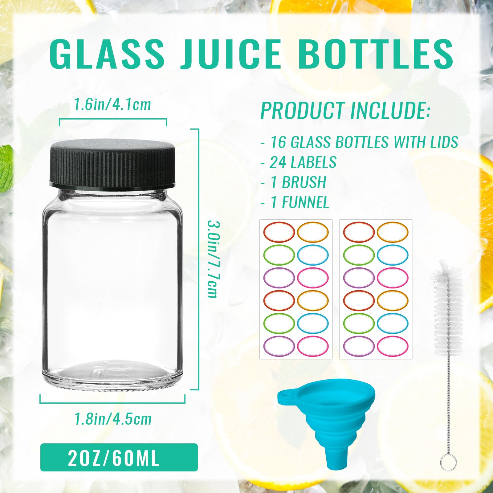 CAKKVDE 16 Pack 2 oz Glass Ginger Shots Bottles with Black Caps,Leakproof 2 oz Juice Glass Bottles with Lids for Wellness Shot,Ginger,Beverages