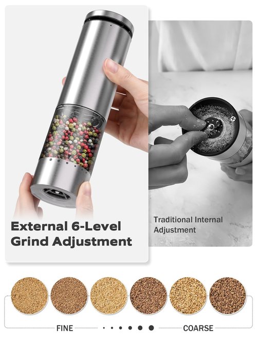 Electric Salt and Pepper Grinder Set with Charging Base: Rechargeable Automatic Salt and Pepper Grinder Set with External Adjustable Coarseness, Stainless Steel Electric Salt and Pepper Shakers,Sliver