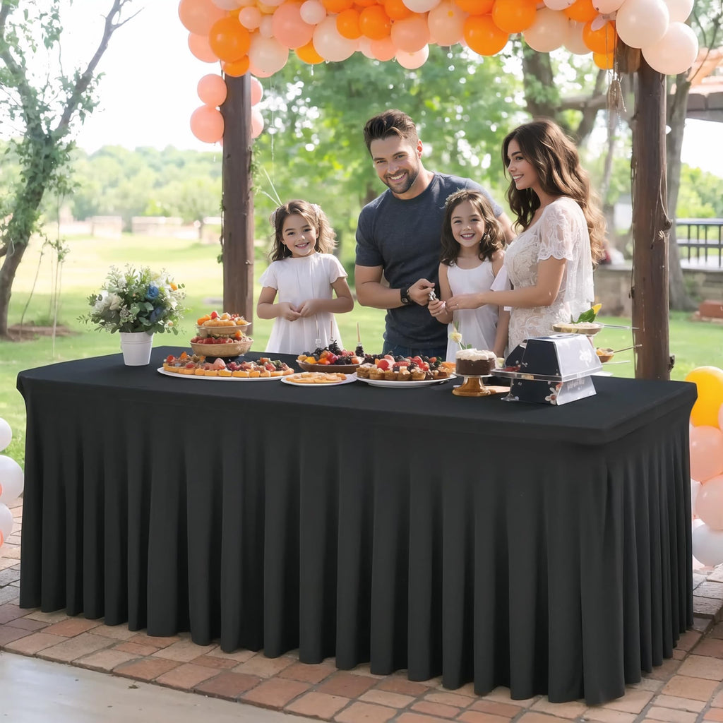Shillance 6 Packs Black Spandex Table Covers 6 Foot, Fitted Stretch Table Cloth with Skirts 72x30 Inch, Wrinkle-Free Floor Length Rectangle Tablecloths for Trade Show Weddings Parties Banquets Events