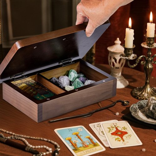 zyrnathar Wood Altar Table,Meditation Table with Storage Space and Tarot Card Holder,Tabletop Carved Sun and Moon Pattern Witchcraft Home Decor for Witchcraft Supplies, Divination, Prayer (A)