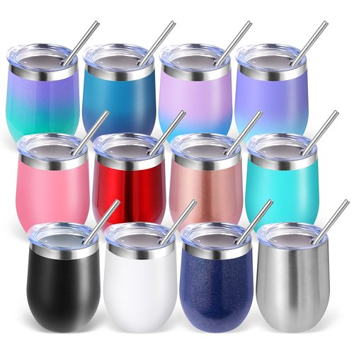 Volhoply 12oz Stainless Steel Wine Tumbler with Lid Bulk 12 Pack,Double Wall Vacuum Stemless Wine Glasses,Reusable Metal Travel Coffe Mug with Straw,Insulated Cups Gifts for Christmas（Assorted,12 Set）