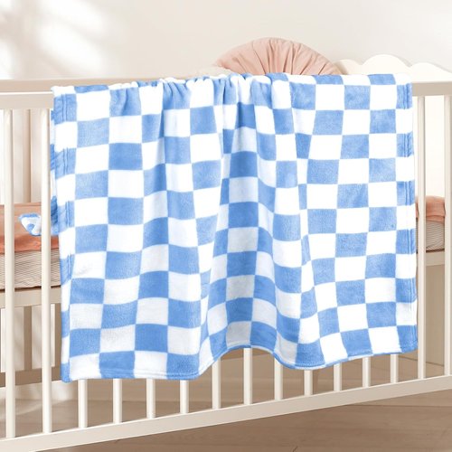 GreatBba Plush Checkered Baby Blanket - Soft Fleece for Infants | 30"x40" Blue & White Chenille