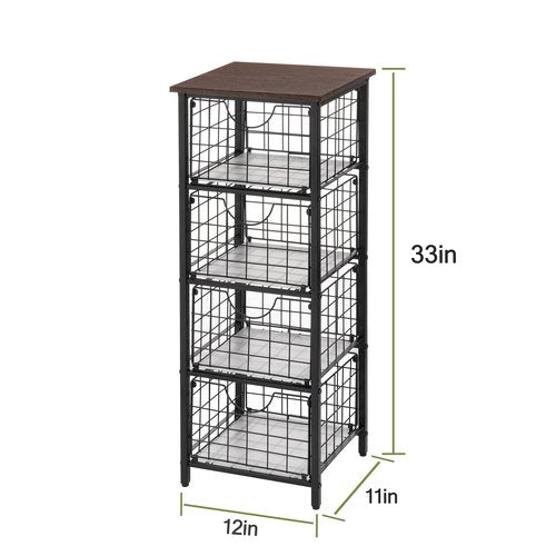 DINGTAI 5-Tier FreeStanding Storage Shelves with 4 Pull-Out Baskets,Bathroom Organizer Shelves Unit with WoodTop,Fruit Basket for Kitchen,Storage Tower Organizer Basket Cart for Bathroom，Black